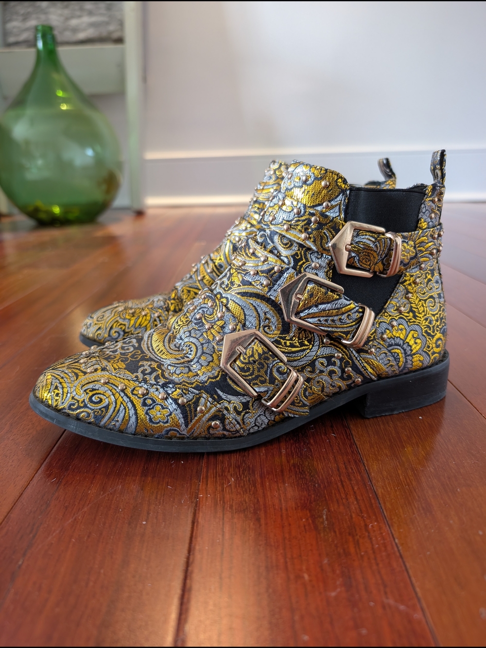 River Island Black and Gold Paisley Buckled Ankle Boots